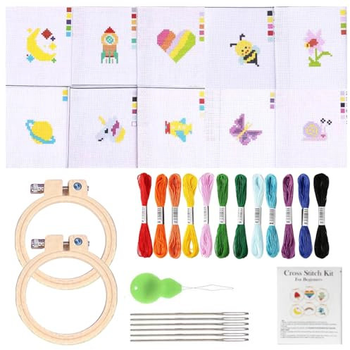JSTHHTT 10 Stück Sticken Kinder, Stickset für Anfänger, Kreuzstich Set, mit 10 Kreuzstichmuster und 2 Stickrahmen, für DIY Kunst, Handwerk, Nähen
