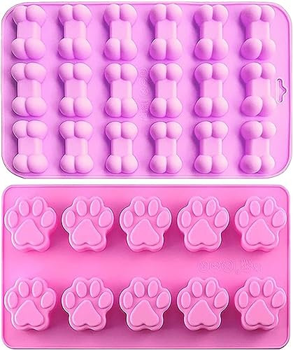 YJDM Silicone Chocolate Moulds, 2PCS Non-Stick Cat Paw & Dog Bone Shaped Baking Molds Ice Cube Trays, Puppy Cat Paw DIY Moulds for Making Candy, Chocolate, Gummy, Jelly, Soap, Cookies, Pet Treats