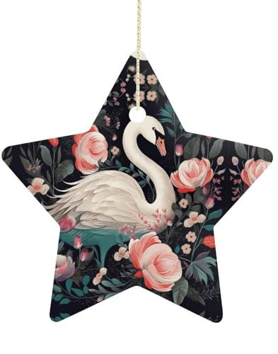 Blumen-Schwan-Weihnachtsbaumschmuck, Sternform, Keramik, hängende Anhänger, Weihnachtsbaumschmuck für Weihnachten, Familienfeier, Urlaub, dekorativ