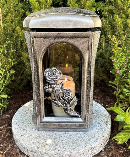 Grablampe mit Rosen Motiv NEU! Handmade - 27 cm H. Silber Farbe Grabkerze Grabdekoration Grabschmuck Gartenlampe incl. Grabkerze ohne Deko...