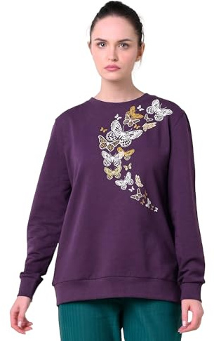 Enorsia Womens Butterfly Print Sweatshirt Crew Neck Long Sleeve Jumper Glitter Design Ribbed Detail Cotton Blend Comfortable Fit Ladies Sweatshirt Everyday Casual Chic Layering Top