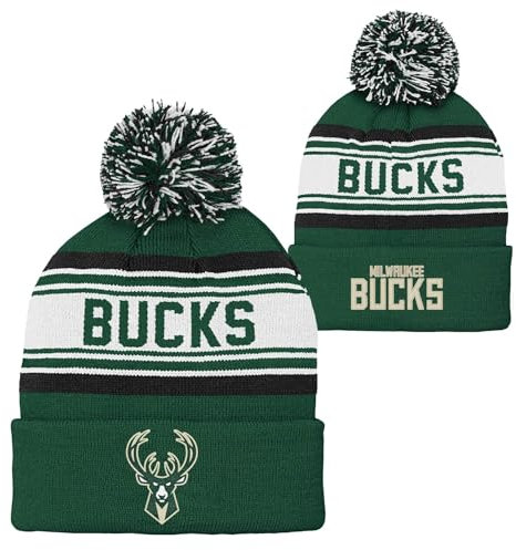 NBA Kinder Jugend 8–20, offizielles Primär-Logo, Sport, Strickmütze für kaltes Wetter, Bommelmütze mit Bündchen, Milwaukee Bucks, Einheitsgröße