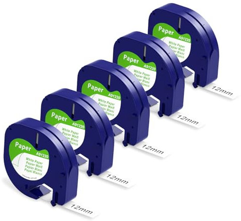 AONOMI Kompatibel für Dymo Letratag Etikettenband, 91220 Papier Weiß Band 12mm x 4m für Letratag XR Etikettenband Dymo Beschriftungsgerät Bänder für LT-100H LT-100T XM 200B, 5x