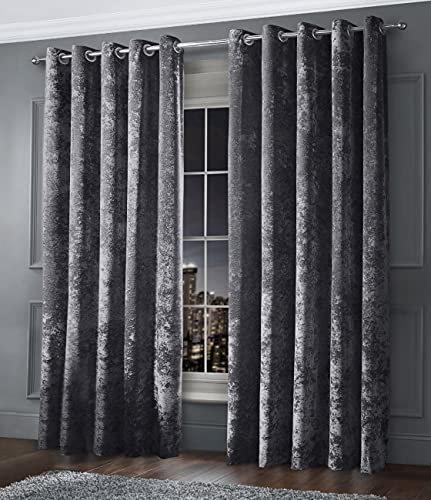 Intimates Luxury Fully Lined Thick Crushed Velvet Ringtop Pair of Curtains Eyelet Curtain Panels Dimout Window Treatment (Charcoal Grey, W 66 x L 54 (2 Panels))