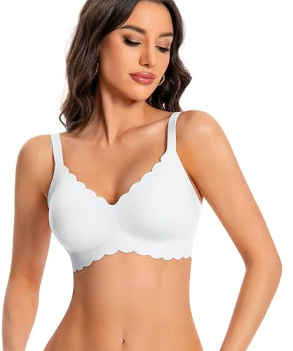 ANGOOL Seamless Bras for Women Wire Free Push Up V Neck Padded Bralette Soft Support Full Coverage Comfort Women Bra, White, XL