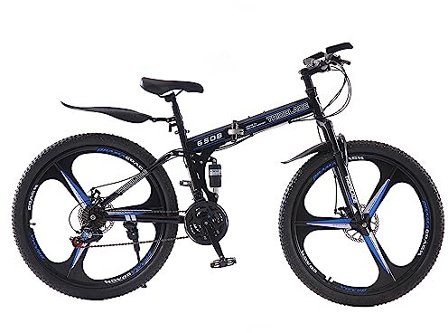 BSTSEL 26 Inch Adult Folding Mountain Bike, Dual Suspension Mountain Bikes with 26 Inches 3-Spoke Wheel, 21 Speed Mens and Womens Foldable Mountain Bicycle (26 Inch Black & Blue)
