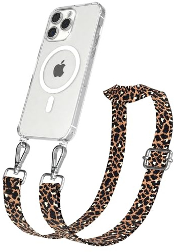 EAZY CASE Handykette - Verstellbares Taschenband kompatibel mit iPhone 15 Pro Max, Schulterriemen, Handykordel mit Silikon Hülle, Qi Charging kompatibel, Umhängetasche, Leo - Schwarz Braun Silber