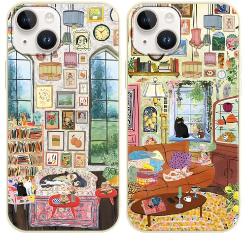 Phoona 2 Packs Cat Illustration Pattern Phone Case for iPhone 13 / iPhone 14 6,1, Cute Aesthetic Design Print Funda with TPU Slim Liquid Silicone Protection Shockproof Cover for Women Girls, 01