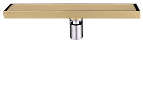 Linearer Duschrinne aus gebürstetem Gold 304 Edelstahl mit Fliesenrost und Haarsieb, rechteckiger Bodenablauf für Dusche, professionelles 2-in-1-Design