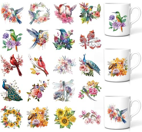 UV DTF Cup Wraps Stickers, 20 Sheets Bird Floral Designs for Glass Mugs, DIY Crafts with Peacock Sunflower Dragonfly Patterns, Waterproof Rub on Transfer for Home Office Decor