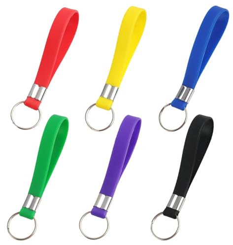 Multi-Pack of Six Heavy-Duty Silicone Key Rings with Color-Coded Identification Loops, Durable Keychain Fobs for Easy Key Management, Includes Red, Blue, Green, Black, and Purple - 12cm Length