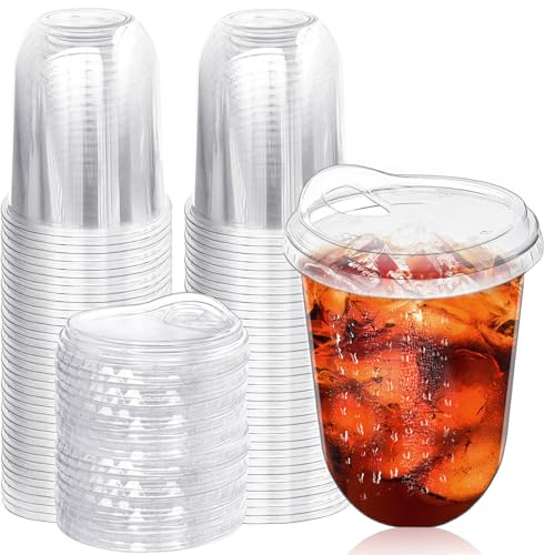 Alaeseje 50 Pack Clear Plastic Cups with Strawless Sip Lids,16 oz Iced Coffee Cups with Lids,Disposable PET Crystal Cups,Round Bottom To Go Cup for Iced Coffee Juice Smoothie Cold Beverage