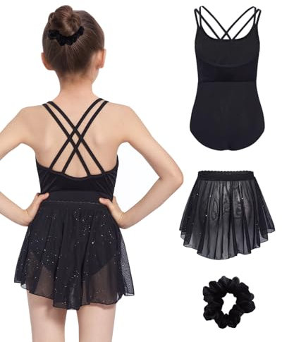 JiAmy Ballettkleid Mädchen ärmellos Ballettkleidung Kinder Glitzer Balletttrikot Tanzkleid mit Abnehmbarem Chiffon Rock Tütü und einem Haarband für 11-12 Jahre,Schwarz