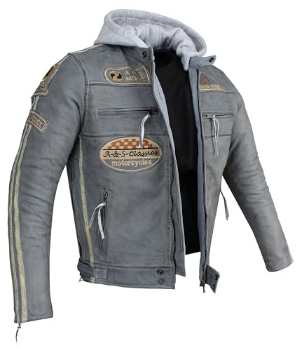 Herren Motorradjacke Lederjacke Biker Jacke mit Protektoren Leder Jacke mit Kapuze Leather Jacket Fashion Jacket Custom (DE/NL/SE/PL, Alphanumerisch, XXL, Regular, Regular, Grau)