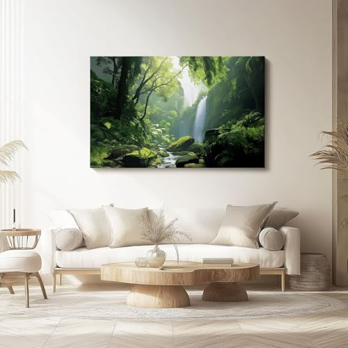 Generisch Bild auf Leinwand Grün Modern Wanddeko Leinwandbild Natur Regenwald Wasserfall Thema Bild auf Leinwand Als Hintergrund und Deko 70L x 50B cm für Wohnzimmer & Schlafzimmer