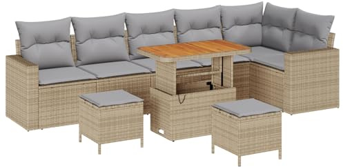 vidaXL Garten-Sofa-Set 9 pcs Beige Poly-Rattan, Garten und Terrasse, modernes Sofa Set, wetterfest, Bequeme Sitzgelegenheiten, Akazienholz, Rattan-Möbel