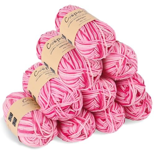 Coopay Wolle zum Häkeln, Farbverlauf Häkelgarn 10x45g, Wolle zum Stricken, Weiche Bunt Milchfaser Baumwolle zum Häkeln, 5-Fädig, Schöne Häkelwolle für Schal, Socken, Babykleidung, Puppe - Rosa
