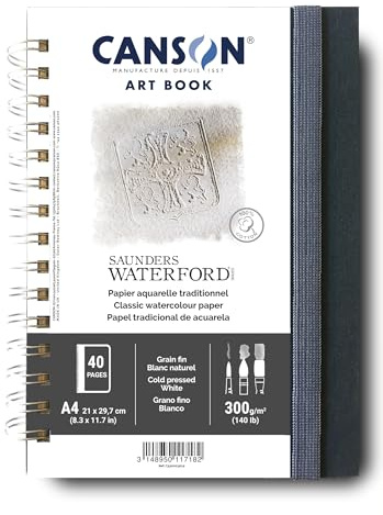 CANSON Saunders Waterford Art Book 300gsm A4 Notebook 20 White Sheets | Professional Watercolour Art Book, Fine Grain Paper, Spiral Notebook, For Professional Artists & Students