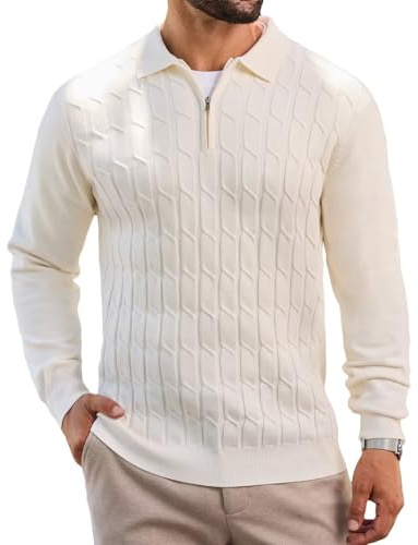 Remxi Herren Zip Strickpullover Langarm Pullover Hemd Klassisches Warm Strukturiert Poloshirt Herbst Winter Polokragen Strickjacken Aprikose M