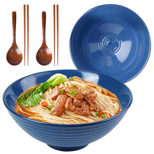 1200 ml Ramen Bowls, 20 cm Ceramic Soup Bowls, Salad Bowls, Serving Bowls, Cereal Bowls, Retro Blue, with Chopsticks and Spoon for Microwave, Dishwasher and Oven (Retro Blue)
