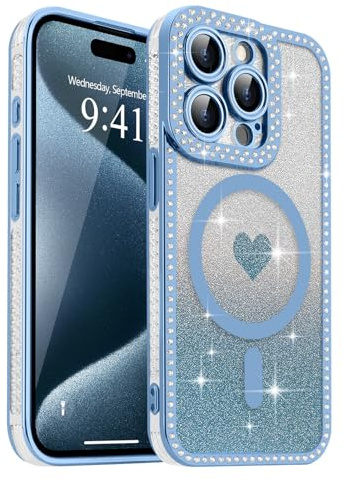 Urarssa for iPhone 15 Pro Magnetic Case Compatible with MagSafe, Removable Glitter Card Bling Sparkle Diamond Girly Case, Raised Lens Protection TPU Protective Cover for iPhone 15 Pro, Blue
