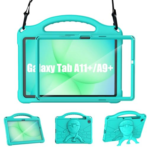 Sonlaryin Funda Tablet para Samsung Galaxy Tab A11+/A9+ Niños - Turquesa | Funda para Galaxy Tab A11+/A9+, Ligera a Prueba de Golpes Funda Tablet con Pantalla Incorporada Bandolera y Soporte para Asa