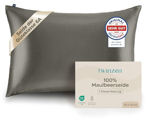 Twinzen Seidenkissenbezug 100% Silk Pillowcase 22 Momme Güteklasse 6A - Oeko-Tex Zert. für Haar und Haut - 1 Stück Dunkelgrau 50 x 70 cm