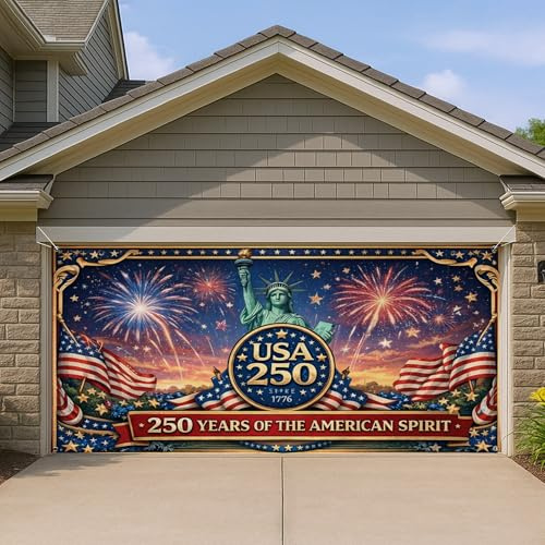 USA Garagentorabdeckung, patriotisches Feuerwerk-Thema, rotblau, große Garagen-Dekorationen, Unabhängigkeitstag, Outdoor-Dekoration, 395 x 180 cm