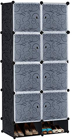 XMTECH DIY Regalsystem Kleiderschrank mit Tür Steckregal Kleiderschrank Garderobenschrank Schuhregal aus Kunststoff Schwarz (8 Boxen mit Schuhschrank)