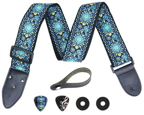 Hootenanny Gitarrengurt, Jacquard-Gewebe, bestickt, Weihnachtsgeschenk, inklusive 2 Gurtschlössern und 2 einzigartigen Plektren. Verstellbares Plektrumfach für Bass, elektrische und akustische Gitarren
