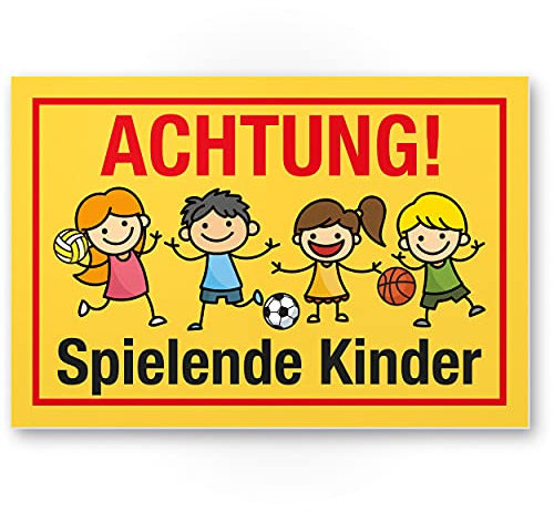 Komma Security Achtung Spielende Kinder Schild 30 x 20 cm Hinweisschild Warnzeichen Warnschild langsam fahren Warnung Hinweis Spielstraße Spielplatz - Vorsicht spielende Kinder