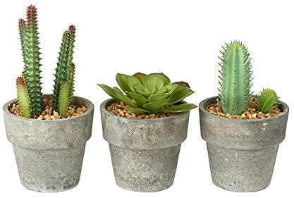 Lot de 3 cactus miniatures artificiels en pots gris avec galets