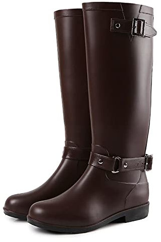 tqgold Stivali di gomma da donna a gambo lungo, con chiusura lampo, tacco leggero, moderno, Eva Wellington, marrone, 40 EU