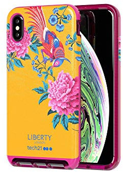 Tech21 Protective Apple iPhone XS Max Case Slim Faux Leather Back Cover with FlexShock - Evo Luxe Elysian Liberty - Yellow/Pink