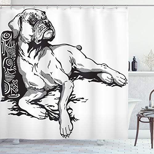 ABAKUHAUS Boxer-Hund Duschvorhang, Tier Tribal Elements, Stoffliches Gewebe Badezimmerdekorationsset mit Haken, 175 x 200 cm, Charcoal Grau und Weiß