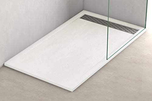 Plato Ducha Resina Efecto Pizarra Extraplano, Resistente al Rayado, Muy Agradable al Tacto. Con Rejilla Extralarga 70x120 Blanco