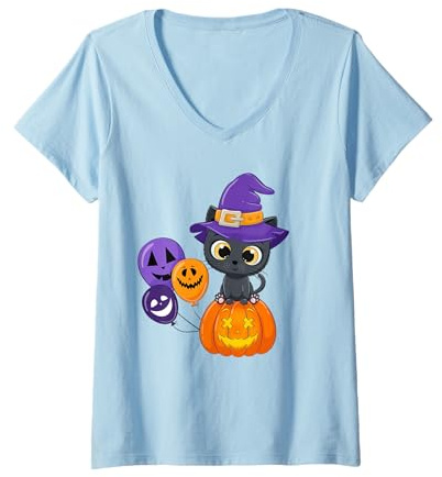 Damen Süße Halloween Katze Hexe Verhexte Katze auf Kürbis T-Shirt mit V-Ausschnitt