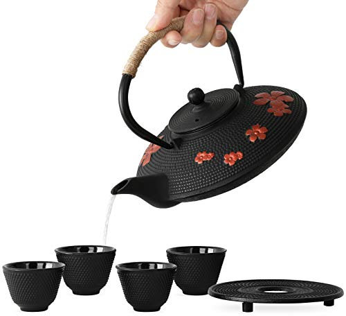 TOVACU Japanese Style Cast Iron Teapot with 4 Tea Cups Trivet Tetsubin StovetopTea Kettle with Infuser Chinese Iron Tea Pot Tea Set for Adults Black (Pear Flower Pattern)