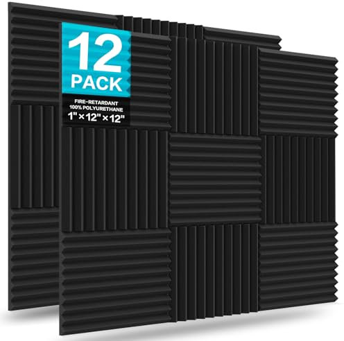 JBER 12 Pack Acoustic Foam Panels, 1 X 12 X 12 Studio Soundproofing Wedges Fire Resistant Sound Proof Padding Acoustic Treatment Foam (Black)