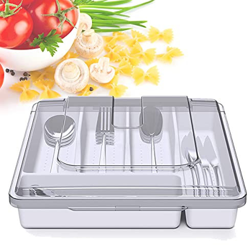 HIMAPETTR Organizador Cubiertos, Cocina Cubertero con Tapa, 5 Compartimentos, Resistente Y Duradero, Ecológico, Prueba Polvo, para Cajones, Cuchillos, Tenedor Mesa