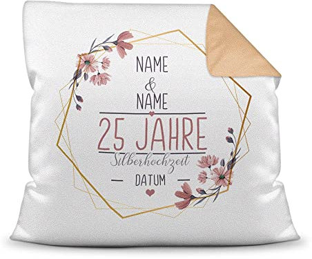 Tassendruck Kissen Hochzeitstag Silber Hochzeit - mit Name & Datum selbst gestalten - 25 Jahre Ehe, Geschenk Hochzeit, Jubiläum, Jahrestag - Farbkissen Rückseite Mokka, 40x40 cm I Personalisiert