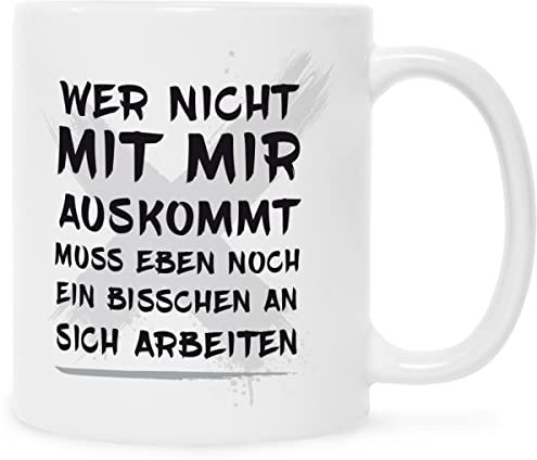 Bedruckte Tasse mit Spruch - Wer nicht mit mir auskommt - Lustige Geschenke - Geschenk für Mama Papa Freunde Geburtstag Weihnachten - für Männer & Frauen - für Sie & Ihn - Farbe: Weiß
