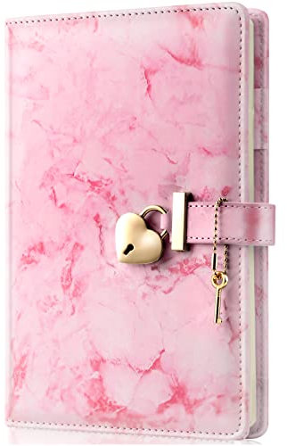 Marble Diary with Lock and Key for Girls, Cute Heart Shaped Lock Journal for Women, Refillable A5 Vintage Secret PU Leather Notebook Gift for Teen Girls - Pink