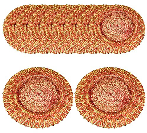 WedDecor 33cm Round Charger Plate, Set of 12 Charger Plates, for Centerpiece Presentation Dinner Plate Set, Weddings, Banquets, Christmas Parties Table Decorations, Red Peacock Design