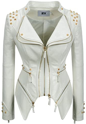 Fashion SX Damen Punk Nieten Kunstleder Alligatormuster Muster PU Leder Jacken Reißverschluss Moto Biker Mantel, Weiss/opulenter Garten, L