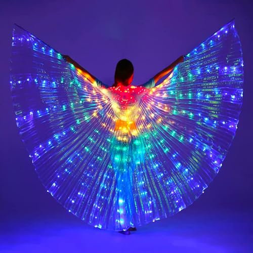 LED Bauchtanz Schmetterlingsflügel Flügel Beleuchtet Erwachsene Mit Teleskopstab Kostüm Bühnenverschleiß 360 Grad Leistungs Requisiten Bar Performance für Karneval Bühne Weihnachten Party (Bunt)