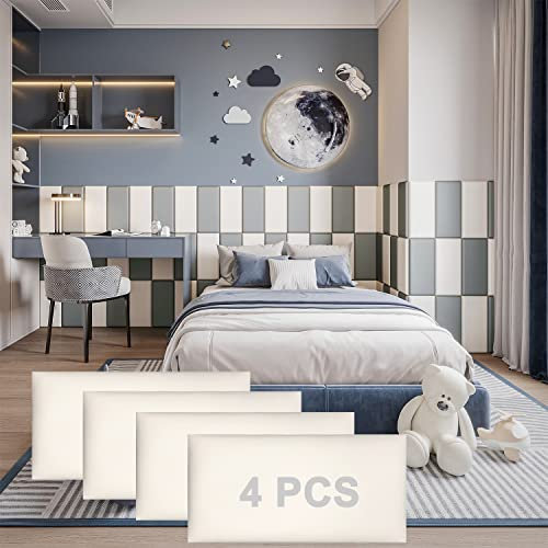 YLL YLL Peel and Stick Headboard White Upholstered Wall Panels Pack of 4 Panels 3D Anti-Collision Wall Padding Wall Mounted headboard Soundproof Wall Panels