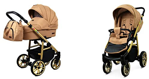 BabyLux Color Lux 2-in-1 Baby Kinderwagen Tief und Kinderwagen mit Zubehör Verstellbar und faltbar Aluminiumkonstruktion Wasserdichte Nicht abnehmbare Räder Sand Pearl Gold Frame