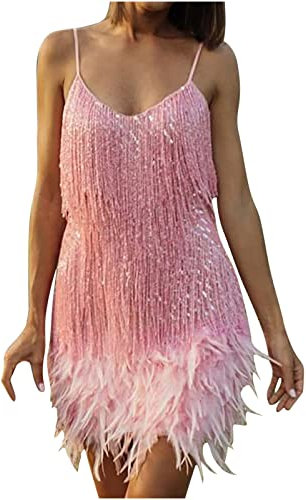 Fransenkleid Damen Kleider Sexy Einfarbige Glitzerkleid mit Feder Ärmellos Spaghettiträger Minikleid V-Ausschnitt Skaterkleid Schulterfrei Clubkleid Rückenfrei Partykleid A-Linie Kleider