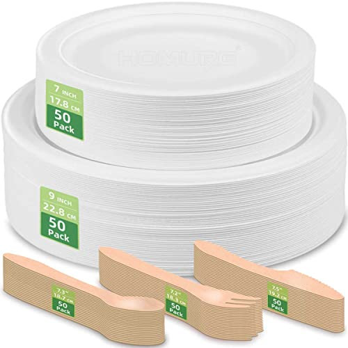 HOMURG Paper Plates and Cutlery Set for 50 Guests, Birthday or Wedding Party Tableware Sets of Dessert & Dinner Plate, Wooden Fork, Knife, Spoon 250 PCS, Heavy Duty Disposable Dinnerware Serving Sets